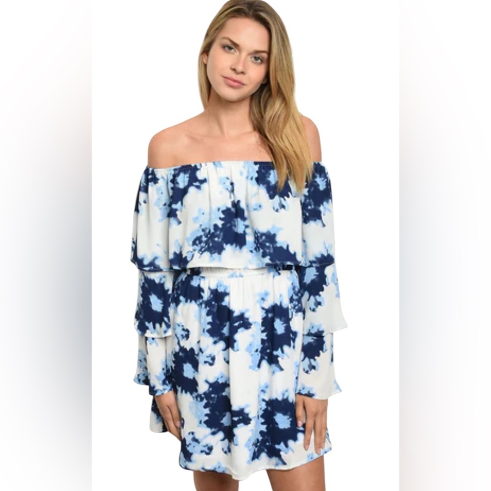Navy Blue and cream Layerded off shoulder Dress